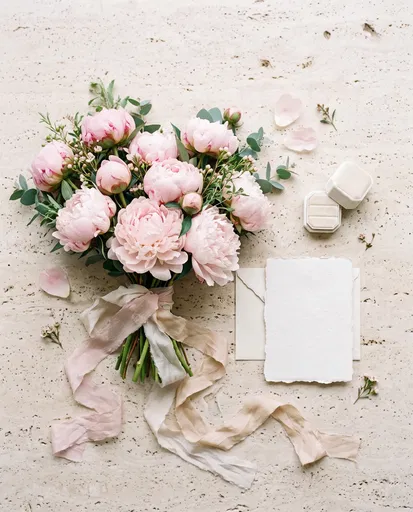 Blush Peony Bouquet and Blank Wedding Card