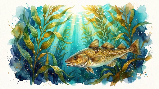 Watercolor Pacific Cod in Sunlit Kelp Forest