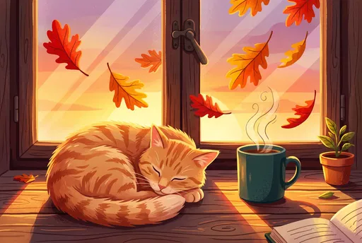 Sleeping Ginger Cat on Autumn Windowsill