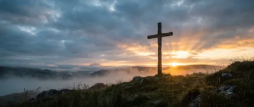 Wooden Cross on Misty Hill at Sunrise