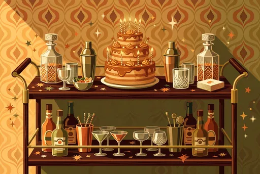 Vintage Bar Cart With Birthday Cake Illustration