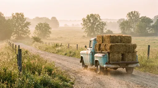 Vintage Turquoise Pickup Truck Hauling Hay