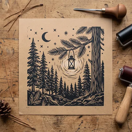 Linocut Forest Print Flat Lay