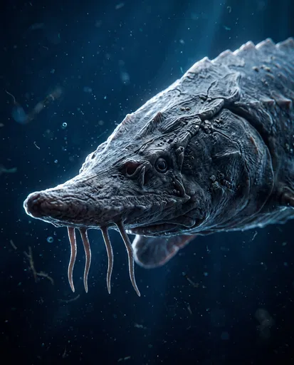 Close-Up of Armored Sturgeon Head Underwater