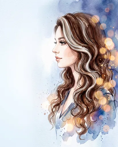 Watercolor Portrait of Woman with Highlighted Hair