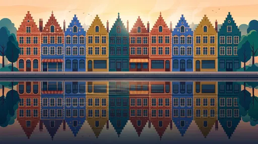 Colorful Flemish Canal Houses Reflection Illustration