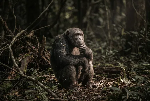 Contemplative Chimpanzee Sitting in Dark Forest