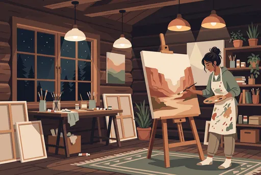 Woman Painting Canyon Landscape in Cabin Studio