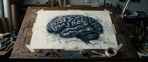Charcoal Brain Drawing on Drafting Table