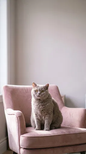 Gray British Shorthair Cat on Pink Armchair
