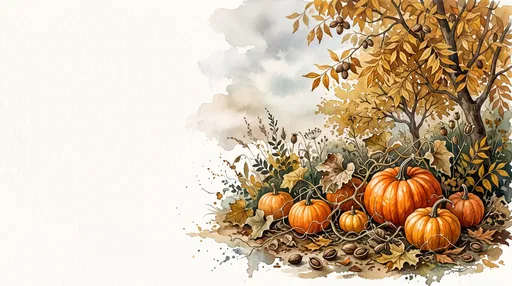Watercolor Autumn Pumpkins and Pecan Tree