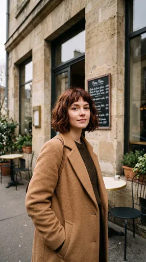 Woman With Chestnut Bob Outside Cafe