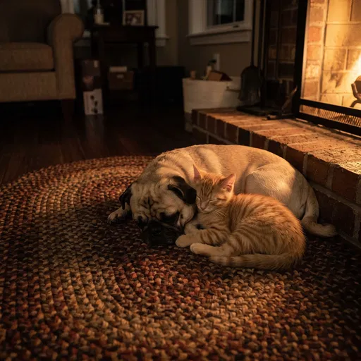 Pug and Kitten Sleeping by Fireplace