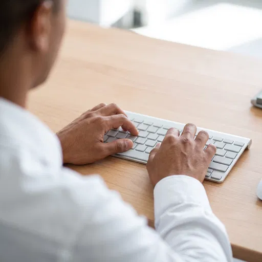 Hands Typing on Blank Silver Keyboard