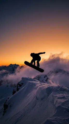 Silhouette of Snowboarder Jumping at Sunset