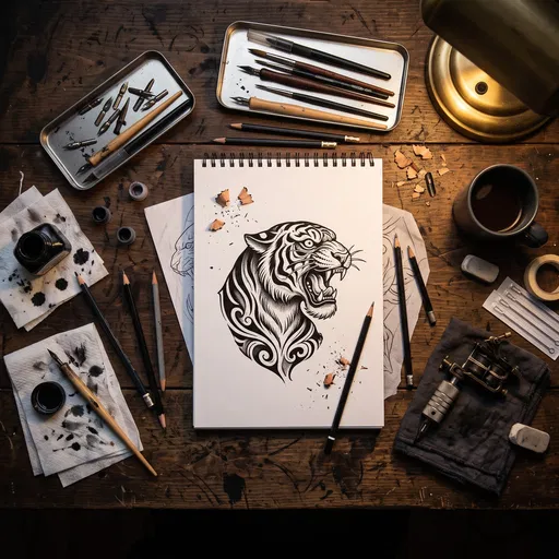 Tattoo Artist Desk With Tiger Sketch