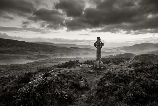 Monochrome Celtic Cross on Misty Moor
