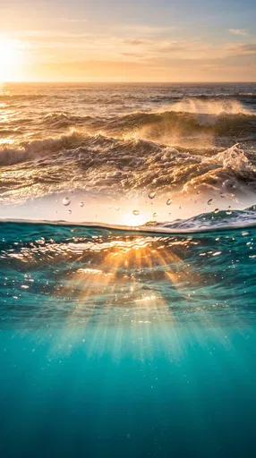 Split View of Golden Sunset Ocean Waves