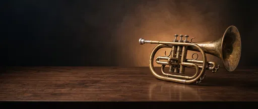 Vintage Brass Horn on Wooden Table