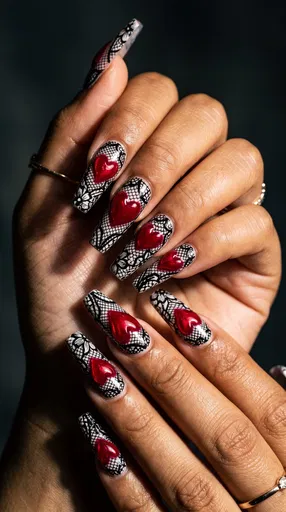 Red Heart and Black Lace Nail Art