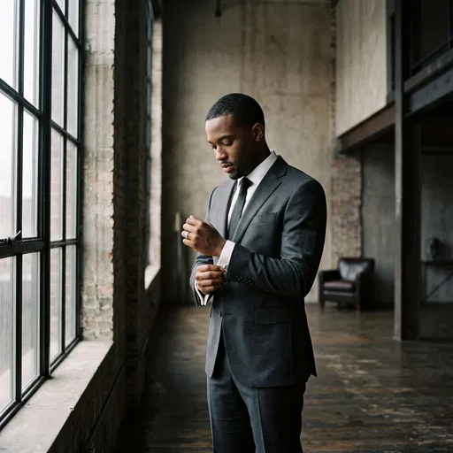 Groom Adjusting Cufflinks by Loft Window