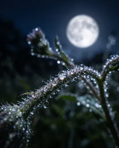 Dewdrops on Plant Stem Under Full Moon