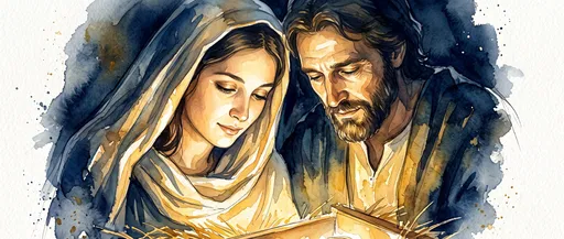 Watercolor Mary and Joseph at Manger