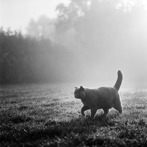 British Shorthair Cat on Misty Lawn