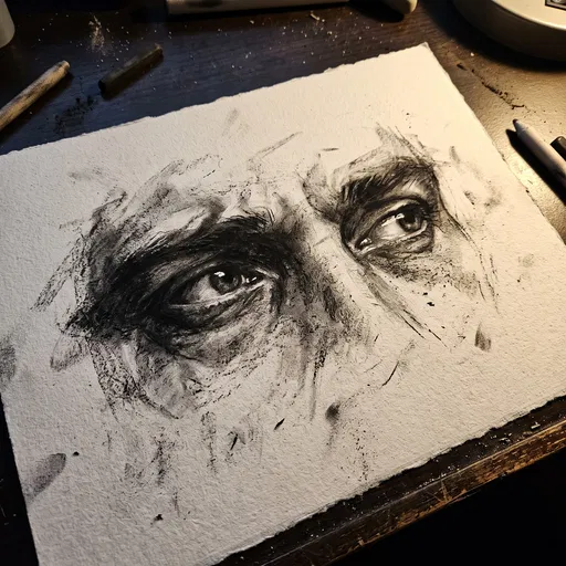 Expressive Charcoal Eye Sketch on Artist Desk