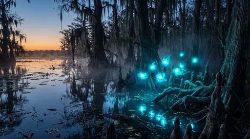 Glowing Cyan Wisps in Twilight Swamp