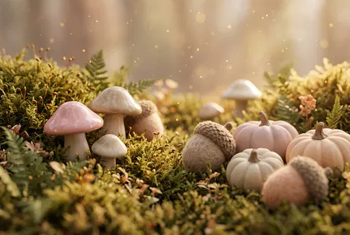 Miniature Ceramic Mushrooms and Pastel Pumpkins