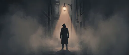 Detective Silhouette Under Misty Alley Streetlamp