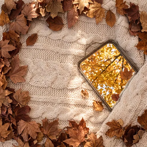 Autumn Leaves and Mirror on Knit Blanket