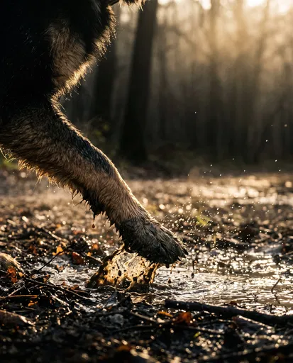 Muddy Dog Paw Splashing in Forest Puddle