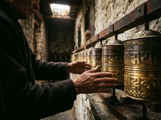Weathered Hands Turning Brass Prayer Wheels