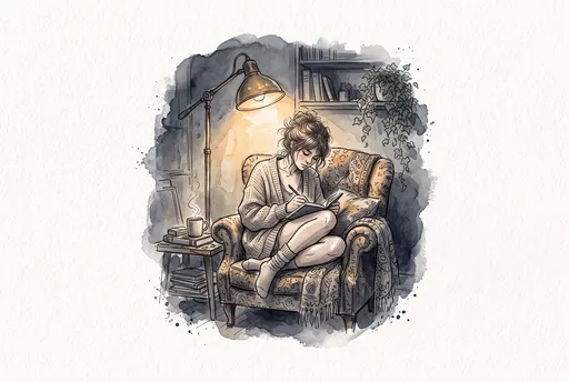 Watercolor Illustration of Woman Sketching in Armchair