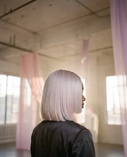 Woman With Pastel Platinum Blunt Bob Haircut