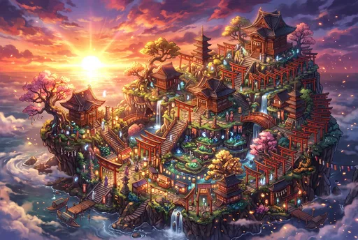 Isometric Anime Sacred Island Shrine at Sunset