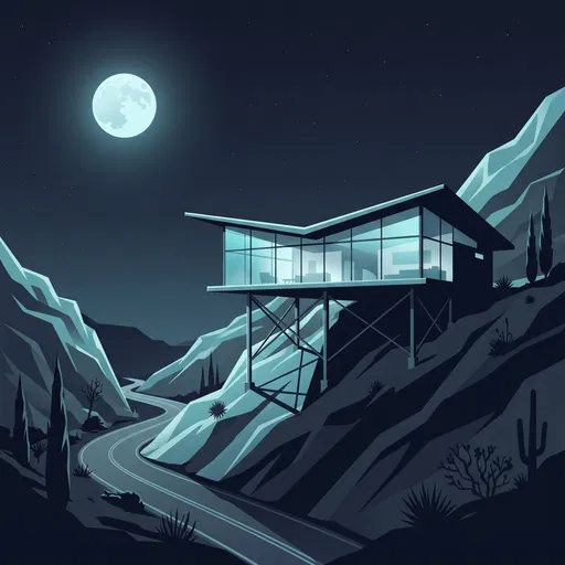 Moonlit Mid-Century Modern Hillside House Illustration