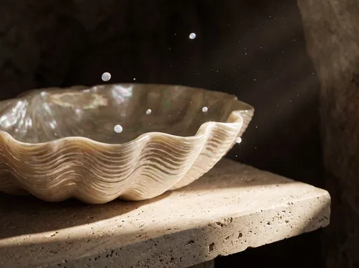 Mother-of-Pearl Basin on Travertine Slab