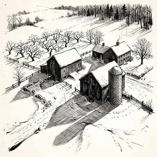 Winter Farmstead Ink Drawing