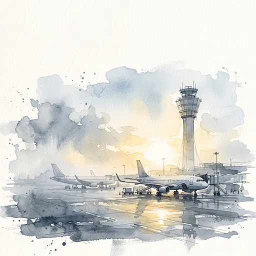 Watercolor Illustration of Misty Airport Tarmac