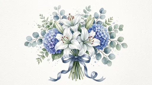 Watercolor White Lily and Hydrangea Bouquet
