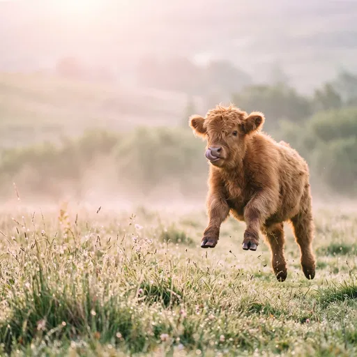 Highland Calf Jumping in Morning Meadow