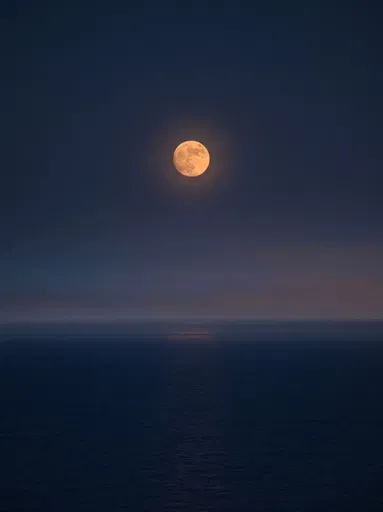 Amber Moon Over Calm Dusk Ocean