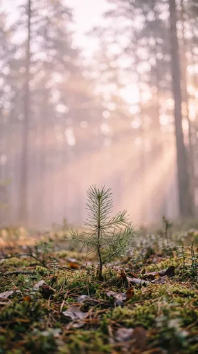 Young Pine Sapling in Misty Forest