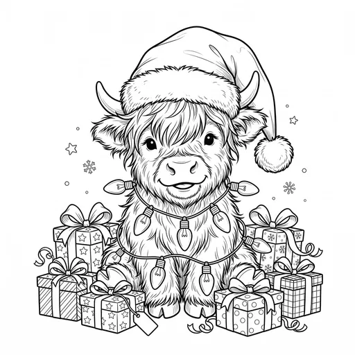 Christmas Highland Cow Coloring Page Illustration
