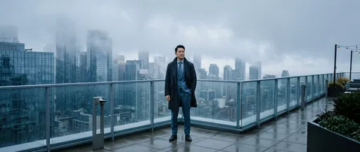Businessman on Misty City Rooftop