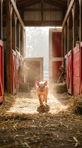 Piglet Running Through Sunlit Barn Aisle
