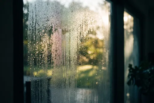 Condensation on Window Overlooking Sunlit Garden